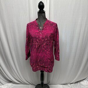ANA Womens V-Neck Top Womens Size Large Fuchsia Black Patterned Colorful Casual